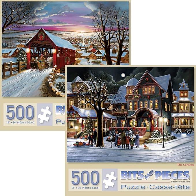 Bits and Pieces – Value Set of Two 500 Piece Jigsaw Puzzles for Adults – The Joys of Christmas, Winter Holiday Jigsaw Puzzles by Artist H. Hargrove, Completed Puzzle Size: 18" x 24", 2pack