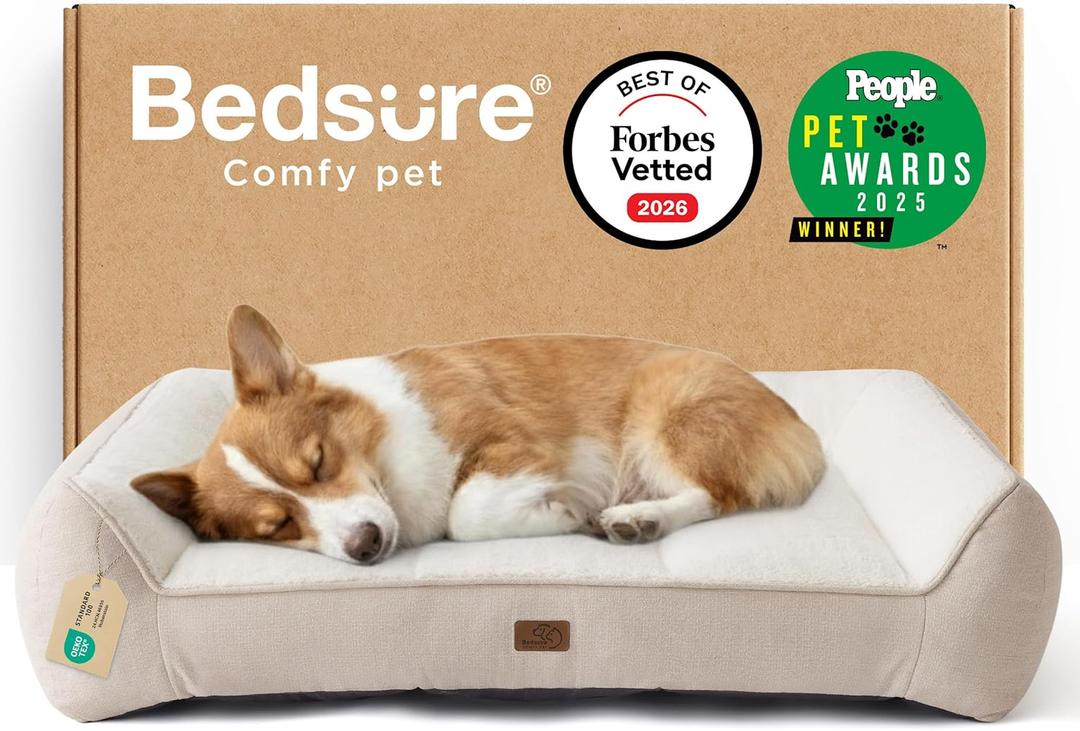 Bedsure SupportMax Orthopedic Dog Bed Medium Size Dog - As Seen on TV Extra Thick Supportive Medium Dogs Beds with Waterproof Washable Cover, Comfort Pet Bed Sofa with Soft Sherpa, Beige, 35" (Cream)