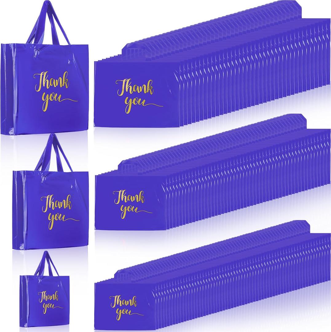 Teling 200 Pcs Thanks Bags with Handle Bulk Thank You Merchandise Bags 3 Size Plastic Packet Retail Shopping Package for Boutique 9 x 12'', 12 x 15'', 15 x 18''(Purple)