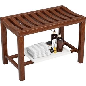 Rubber Wood Shower Bench, Non-Slip Waterproof Wooden Shower Stool for Adults & Elderly, Sturdy Bath Seat for Inside Shower or Tub 24.02" D x 14.96" H x 6.3" W