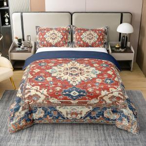100% Cotton Ethnic Duvet Cover Queen, Red Boho Bedding Set, Southwest Farmhouse Bohemian Floral Abstract Comforter Cover, Orange Geometric Exotic Tribal Flower Bedroom Decor Quilt Cover (Multi 22)
