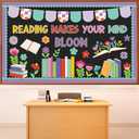 Naozinebi Reading Makes Your Mind Bloom Bulletin Board Set Spring Theme Flower Classroom Decoration Retro Book Floral Cutouts for Schools Library Office Wall Chalkboard Back to School Decor Supplies