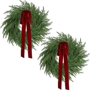 2 Pack Christmas Wreath for Front Door, Artificial Pine Cedar Holiday Wreath with Red Bow, Winter Greenery Wreath for Indoor Outdoor Home Decoration
