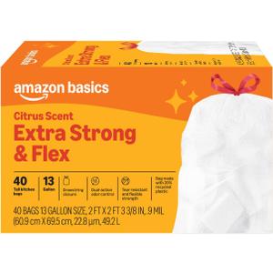 Amazon Basics Extra Strong & Flex Tall Kitchen Drawstring Trash Bags, Citrus Scent, 13 Gallon, 40 Count