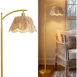 Oneach Arc Floor Lamp for Living Room,Rattan Boho Floor Lamp with Hand-Woven Shade, Foot Switch,Gold Metal Base & Pole,Farmhouse Standing Lamp for Bedroom Corner,Reading (62'')