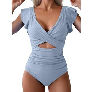 B2prity Women's One Piece Swimsuit Ruffle Cutout Bathing Suits Slimming Tummy Control V Neck Wrap Swimwear Size M