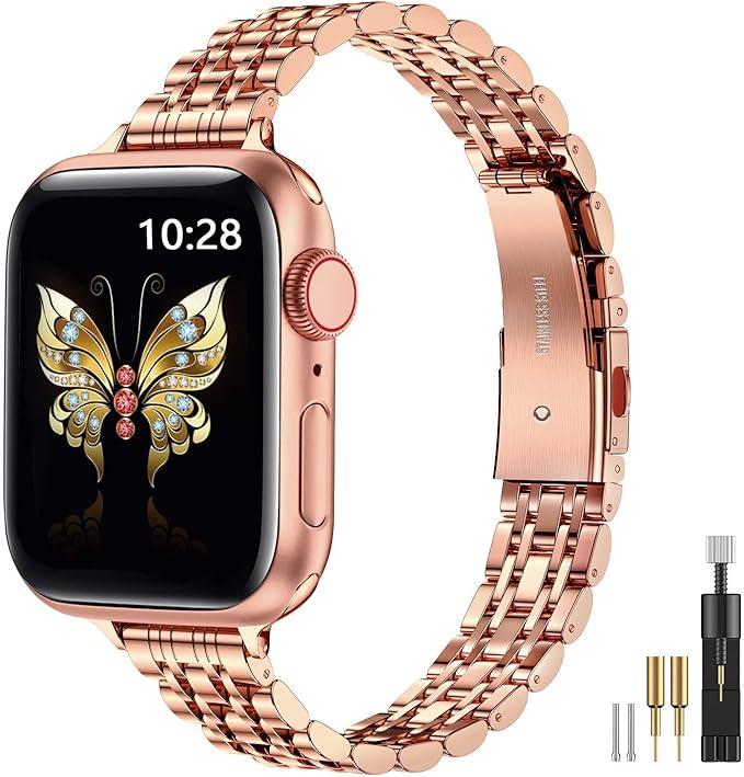 MioHHR Slim Metal Band Compatible with Apple Watch Band 42mm(Series 11 10) 41mm(Series 9 8 7) 40mm(Series 6 5 4 SE3/2/1) 38mm(Series 3 2 1),Stainless Steel iWatch Bands for Women,Rose Gold