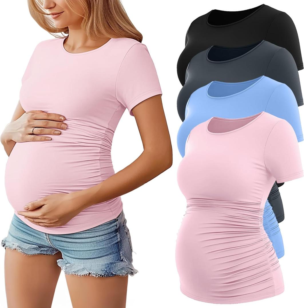 Huukeay 4 Pack Women's Maternity Shirts, Crew Neck Maternity Top Short Sleeve Casual Cotton Tee Side Ruched Pregnancy Clothes (Medium, Black, Pink, Light Blue, Dark Gray)