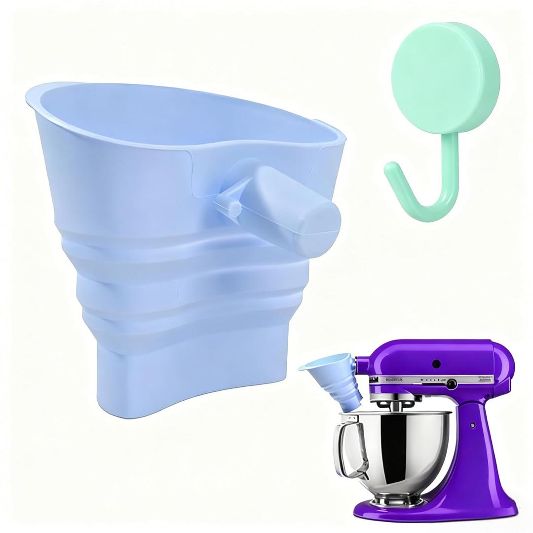 Flour Funnel for Kitchen Aid Mixer, Silicone Flour Funnel Foldable Kitchen Funnels Stand Mixer Attachment, Fits Kitchen Aid Artisan Ksm150 5-Quart Tilt-Head Stand Mixer, Easy-Pour & Mess Free - Blue