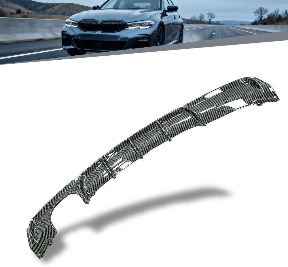 Rear Diffuser Compatible with 2012-2018 FIT BMW 3 Series F30 Sedan M Sport Bumper Only, Carbon Fiber Look (Hydro-Dip) PP Lower Valence, Left-Side Twin Exhaust Cutout (328i 330i Spec)