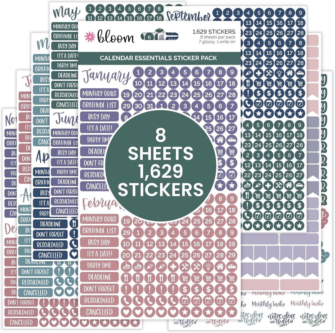 bloom daily planners Calendar Essentials Planner Stickers - 8 Sheets, 1629 Stickers Per Pack! - Color Coordinating Monthly Headings, Dates, Icons, Etc. - Jewel Tones (Jewel Tones)
