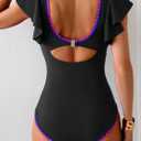 Aidonger Women's One Piece Ruffle Swimsuit Tummy Control Bathing Suit V Neck Shell Stitched Swim Suit Slimming Swimwear (Black, S)