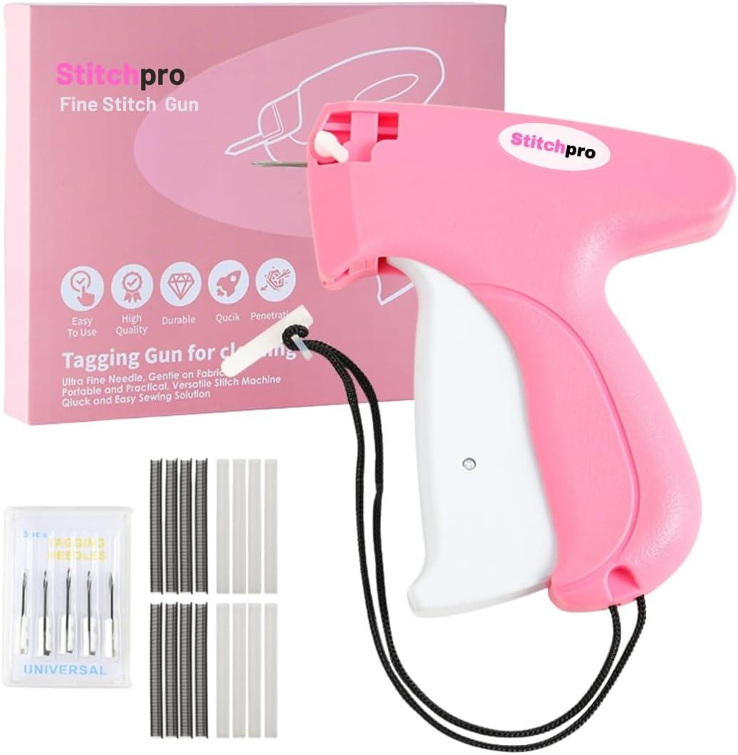 Stitchy Stitch Gun for Clothes | Handheld Stitch Tag Gun Quick Clothing Fixer | Tagging Gun | Includes 6 Needle, 1000 Black Fasteners & 1000 White Fasteners (PinkWhite)