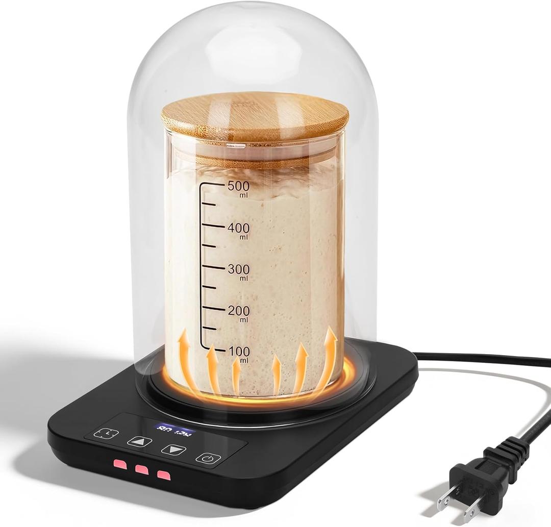 Sourdough Starter Warmer with Glass Dome, Precise 1F Thermostat Control (70-100F), Sourdough Warmer and Dome for Home Baking,24H Timer Auto Warming On/Off Sourdough Warming MatBlack
