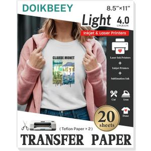 Heat Transfer Paper for T Shirts 20 Sheets, 8.5" X 11" Iron On Transfer Paper for Light Fabric Printable HTV Heat Transfer Vinyl for Inkjet Printe