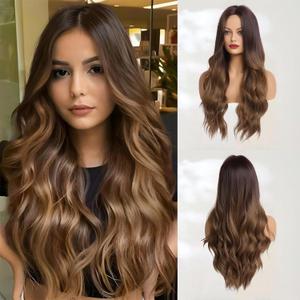 Haoland Long Ombre Brown Wavy Wig for Women 26 Inch Middle Part Curly Women's Charming Synthetic Wig with Natural Wavy Brown Heat Resistant Hair for Wedding Daily Party Use