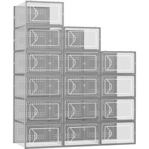 Foluck Shoe Storage Box, 15 Pack Clear Plastic Stackable Shoe Organizer for Closet, Interlocking Design Shoe Container Bins for Sneakers, Foldable Shoe Rack with Lids, Gray