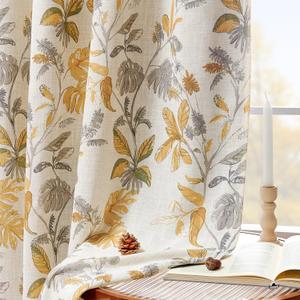 Jinchan 100% Blackout Curtains for Bedroom 84 Inches Length Linen Curtains Tropical Yellow Leaf Print Botanical Window Treatment with Lining for Living Room Farmhouse Country Drapes Set 2 Panels