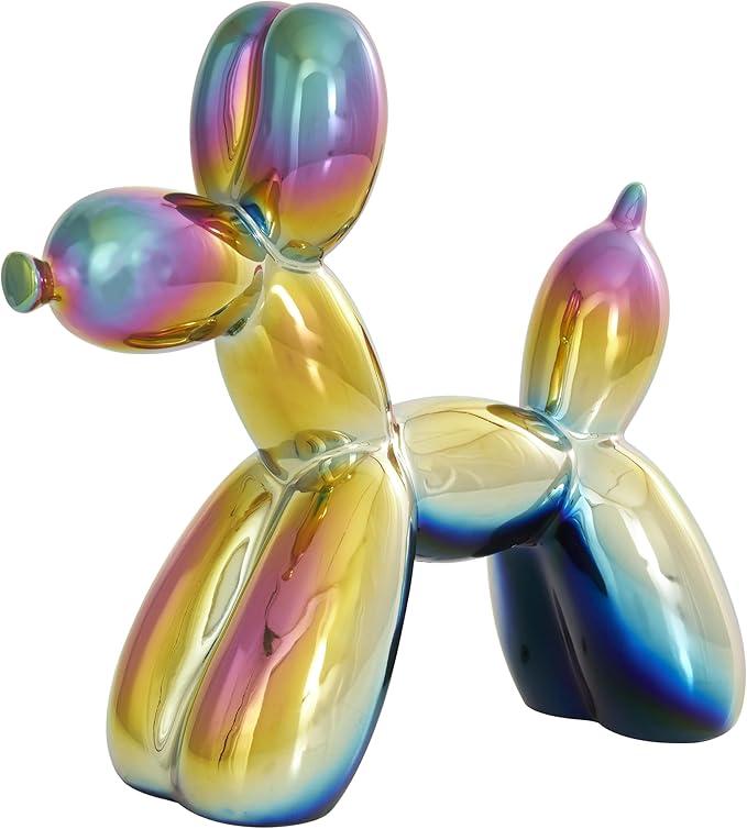Deco 79 Ceramic Dog Decorative Sculpture Balloon Home Decor Statues with Rainbow Shimmer Finish, 1 Accent Figurines 9", 7"H, Multi Colored
