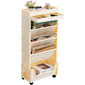 AGTEK 5 Tier Rolling Utility Cart, Book Cart with Wheels, Office Book Carts with Divided Top Shelf for Organizing Books and Supplies in Home, Office, Classroom, Beige