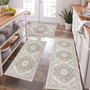 Pauwer Farmhouse Kitchen Rugs Sets of 3, Kitchen Runner Rugs Non Slip Washable, Boho Kitchen Mats for Floor, Indoor Door Mat Entrance, Laundry Room Rug, Thick Kitchen Floor Mat Carpet (20"x32"+20"x47"+20"x59", Taupe)