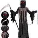 Grim Reaper Halloween Costume with Glowing Red Eyes for Kids, Scythe Included (Large, Light Black)