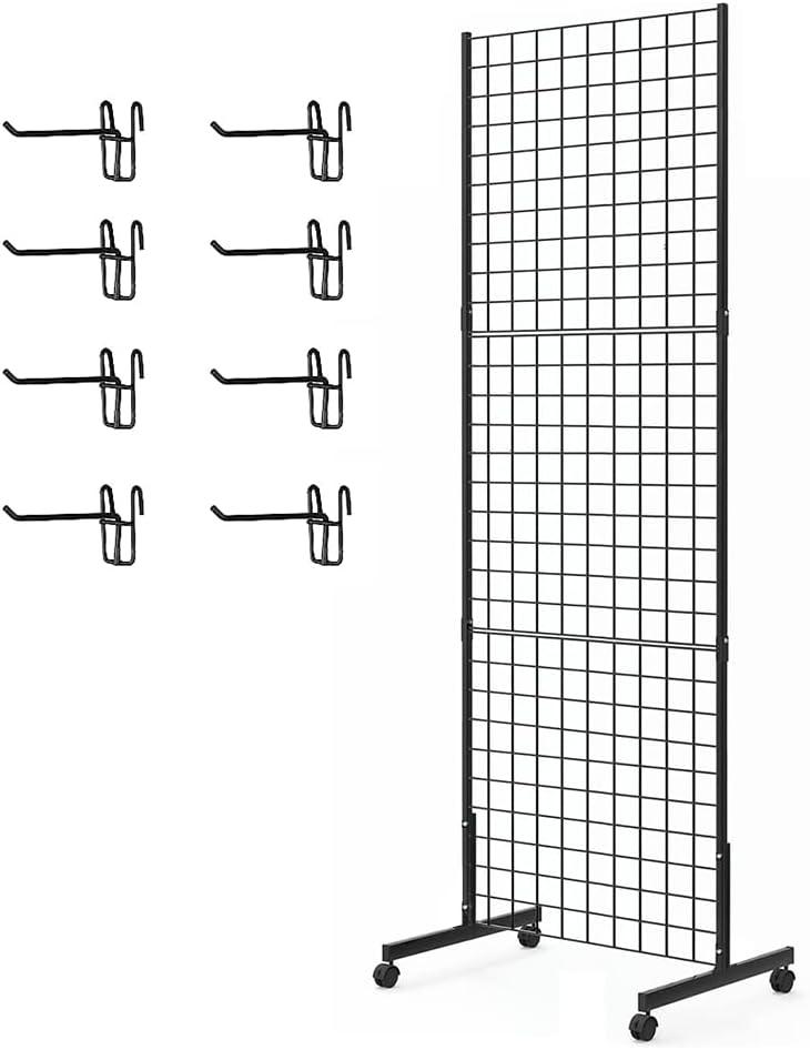 Eastern Tree 1 Pack 2'x 5' Three Pieces Gridwall Panels Stand with T-Base, Black Wire Grid Wall Rack with Wheels, Craft Display Rack, Retail Display Stand, Extra More 8 Pieces Hooks