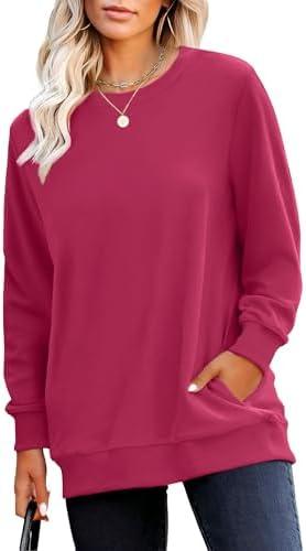 RUMIA Crewneck Fall Sweatshirts for Women Trendy- Women's Plain Long Sleeve Pullover Tops with Pockets Fashion, 2 XL