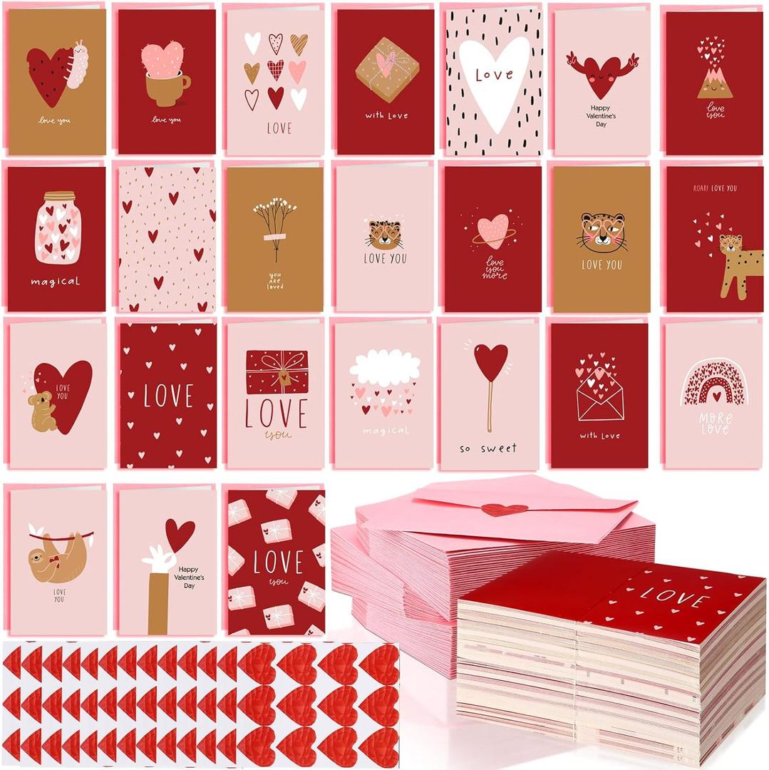 240 Pcs Mini Valentine's Day Cards with Envelopes Bulk for Classroom Kids Greeting 3.5 x 2.4'' Foldable Love Heart Greeting Wedding Card with Envelopes Stickers for Valentines Day