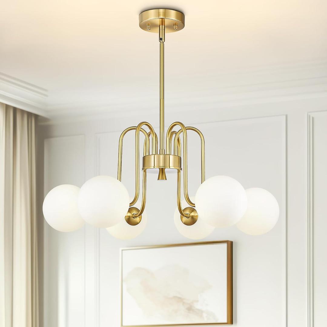 Gold Chandelier with Frosted Glass Globe, 6-Light Modern Pendant Light for Kitchen, Bedroom, Hallway, Living Room,CKPL4845-6P-PG