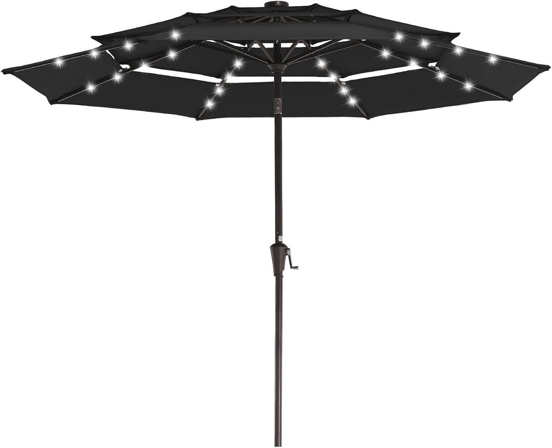 JEAREY 3 Tiers Patio Umbrella with Solar Lights 9ft Outdoor Market Table Umbrellas with Push Button Tilt for Outside Pool Garden, Black
