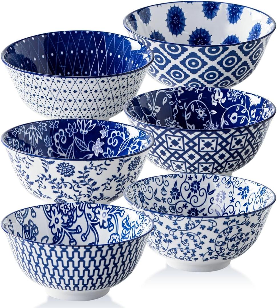 Ceramic Soup Bowls Set - 24 Oz Deep Cereal Bowl for Kitchen - 6 Inch Large Porcelain Dinner Bowl Eating Salad Pasta Dessert Oatmeal - Microwave Dishwasher Safe - Set of 6 - Vintage Blue
