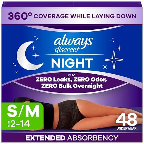 Always Discreet Night, Reimagined Adult Diapers for Women, Extended Overnight Absorbency Incontinence and Postpartum Underwear Size S/M, 360 Degree Coverage While Laying Down, 48 Count​