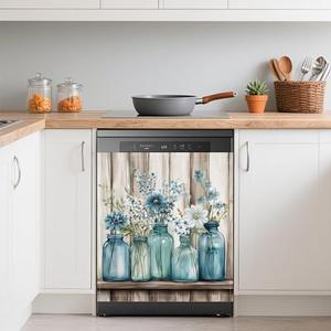 Blue Mason Jars Flowers Dishwasher Magnets Decorative Cover,Rustic Wooden Boards Waterproof Magnetic Dishwasher Cover Panel,Refrigerator Magnet Cover for Kitchen Home Decor 23x26 Inch