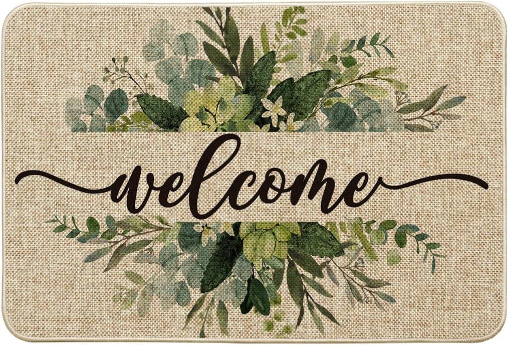 Artoid Mode Eucalyptus Floral Leaves Welcome Spring Doormat, Summer Decor Low-Profile Switch Rug Door Mat Floor Mat for Indoor Outdoor 24x35 Inch (Beige)