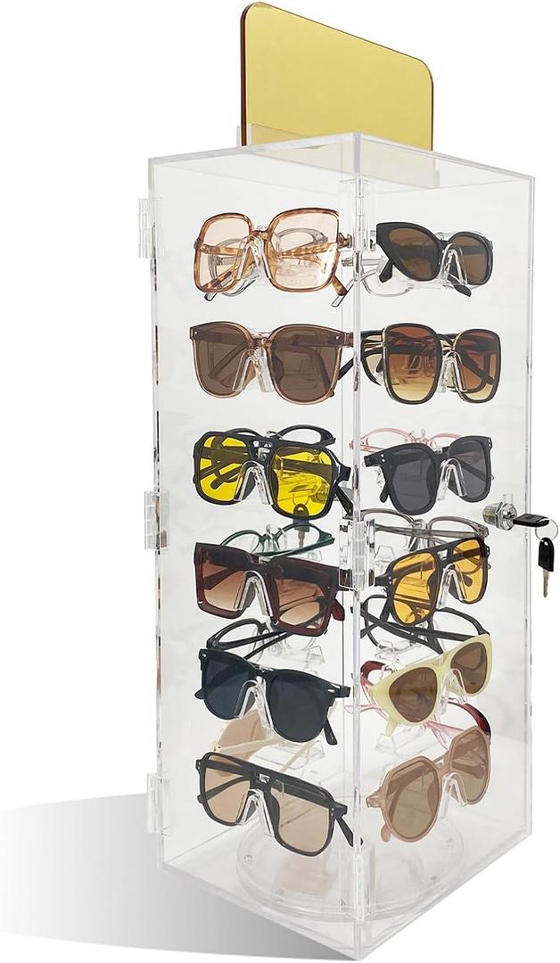 Lockable Sunglasses Organizer, Acrylic Sunglass Display Stand With Mirror, Rotating Sunglass Display Case, Glasses Holder Eyeglass Storage, Sunglasses Tower for 24 Pairs