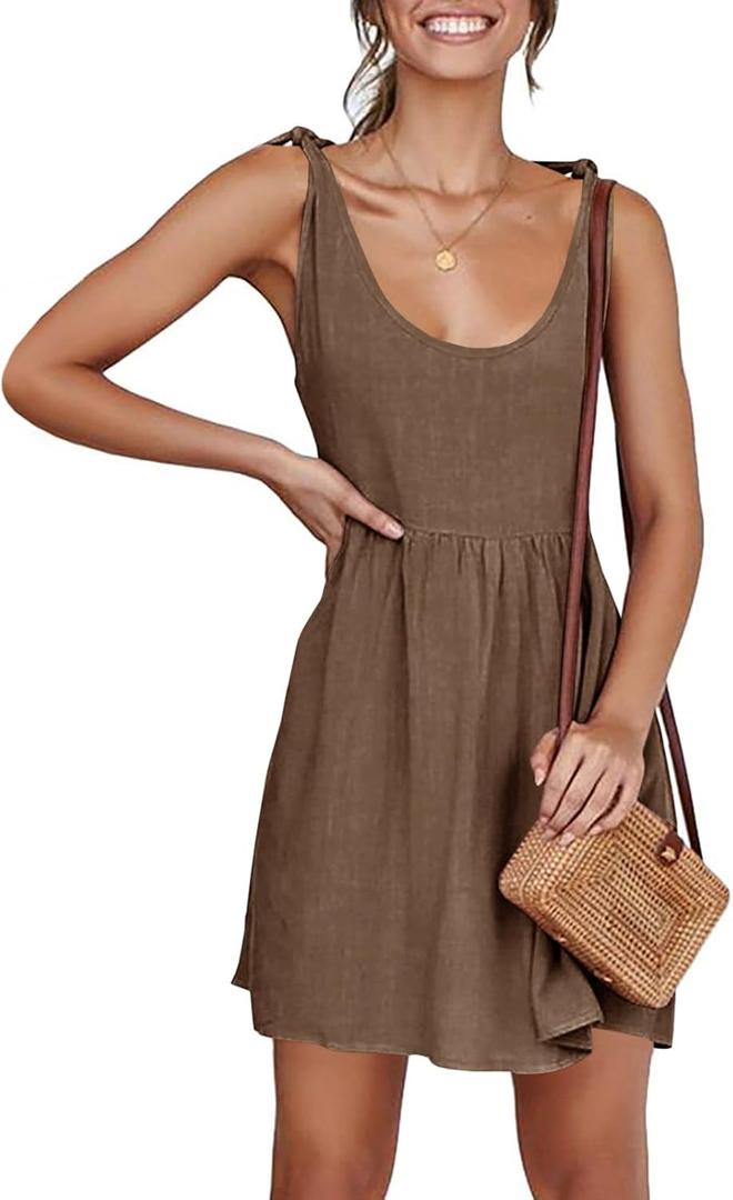 CNJFJ Womens Summer Shoulder Tie Strap Babydoll Dress Casual Scoop Neck A-Line Skater Swing Mini Sundress (XXXL)
