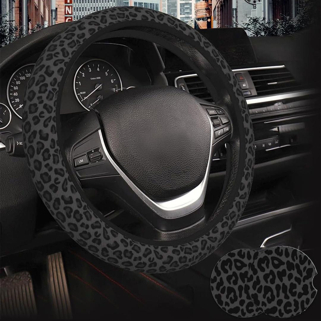 Black Leopard Print Cheetah Elastic Steering Wheel Cover, Non-Slip Neoprene Steering Wheel Cover, Women Leopard Car Accessories, Universal 15 Inch Fit Auto, SUVS, Includes 2 Ceramic Cup Coasters