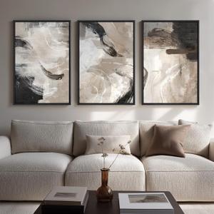 Large Framed Neutral Abstract Wall Art for Living Room, 3 Piece Modern Canvas Prints Paintings Artwork for Walls, Black Beige Brown Neutral Tone Pictures for Hallway Bedroom Office Wall Decor 24x36 In