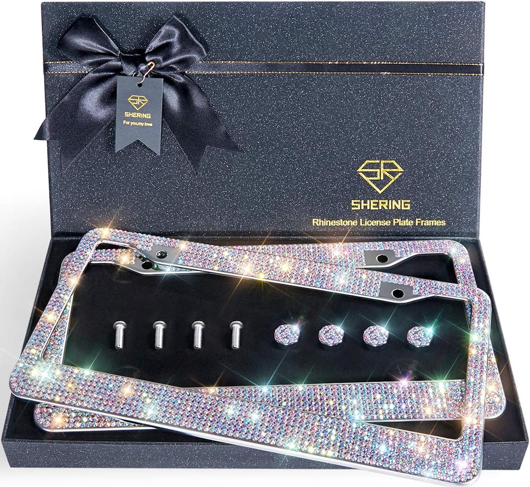 SHERING Bling License Plate Frame, 2 Pack Frame with Premium Gift Box for Women,Rhinestone Frames 1200pcs RhinestonesColorful Rhinestones