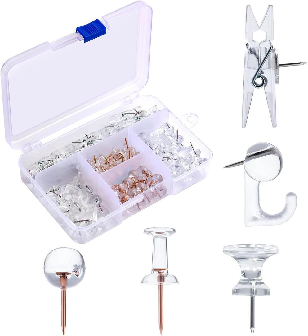 2 x AIEX 125pcs Push Pins Set, Including Clear Plastic Push Pin Hooks, Decorative Thumb Tacks with Stainless Steel Points for Cork Board Bulletin Board Office Wall (5 Styles) (Transparent)