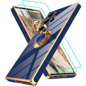Gritup for Samsung Galaxy S24 Ultra Case: with 2Pcs Screen Protector, 360 Rotation Ring Holder Magnetic Kickstand Plating Gold Edge Soft TPU Shockproof Protective Cover for S24 Ultra, Blue