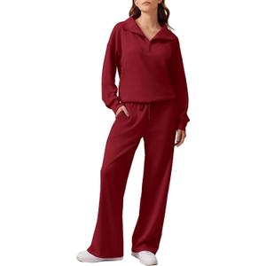 PINSPARK 2 Piece Sets for Women 2025 Fall Outfits Sweatsuit Loose Fit Sweatshirt Wide Leg Sweatpants Matching Set Tracksuit (Small Petite, Wine Red)