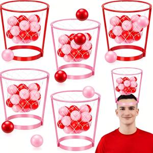 Soulchen 6 Sets Valentine's Day Game Head Hoop Basketball Party Game Adjustable Basket Net Headband with Balls for Indoor Outdoor Basketball Senior Night (Pink)