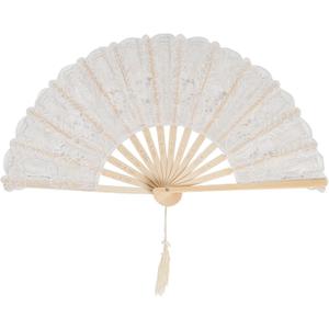 choyaxo Cotton Lace Folding Hand Fans Embroidered Flowers Pattern Handheld Fans for Costume Weddings Dancing Party DIY Bridal Hand Fan (Beige)