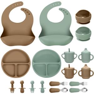 Silicone Baby Feeding Set, 18PCS Baby Led Weaning Supplies, Eating Essentials Utensils with Suction Plate and Bowl, Adjustable Silicone Bib, for 6+ Months (Green+Brown)