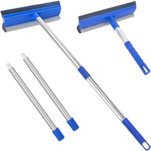 Window Squeegee for Home, 56'' Long Handle Shower Door Cleaner Tool, 2-in-1 Glass Scrubber for Car Windshield Cleaning (Blue)