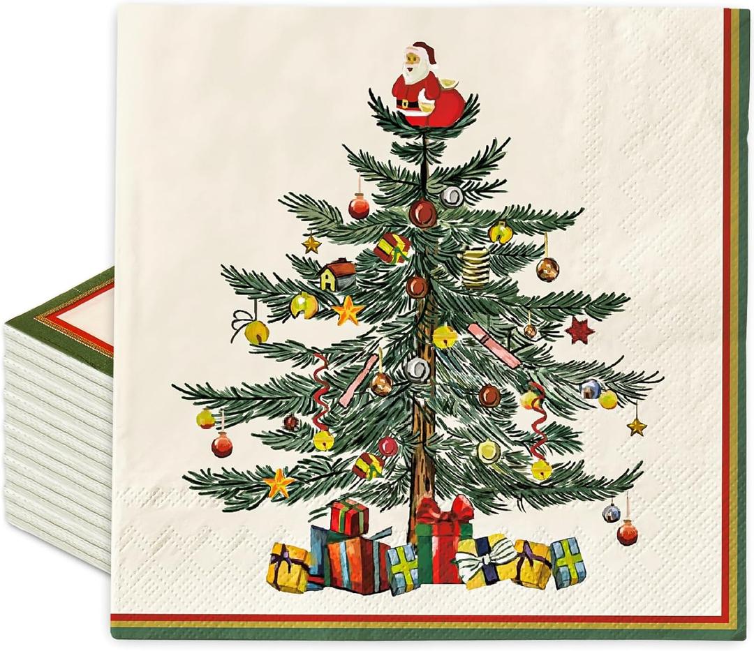 100 Pack Christmas Paper Napkin Vintage Xmas Tree Disposable Luncheon Napkins Retro Dessert Dinner Hand Napkin, 6.5 x 6.5 Inch