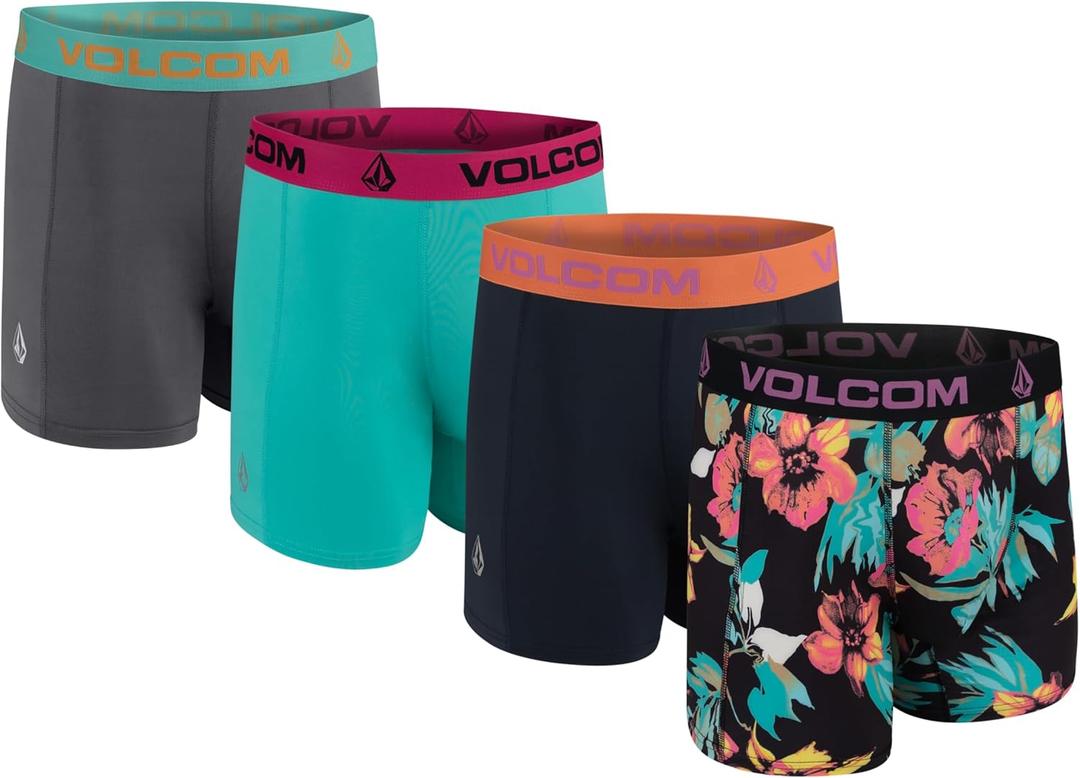 Volcom Mens Boxer Briefs 4 Pack Poly Spandex Performance Boxer Briefs Underwear (Medium, Black/Dark Navy/Turquoise/Charcoal)