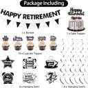 Holkcog Retirement Party Decorations, Black White Happy Retirement Banner Backdrop Paper Fan Hanging Swirls for Coworker, I'm Retired Cupcake Topper for Retiring Women Men Party Supply